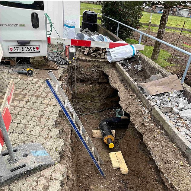 Fernwärmebaustelle mit einem Rohrgraben